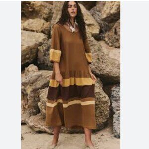 Free People Free-est Manda Midi Dress Bronze Brown Combo Linen Lagenlook Sz S-P